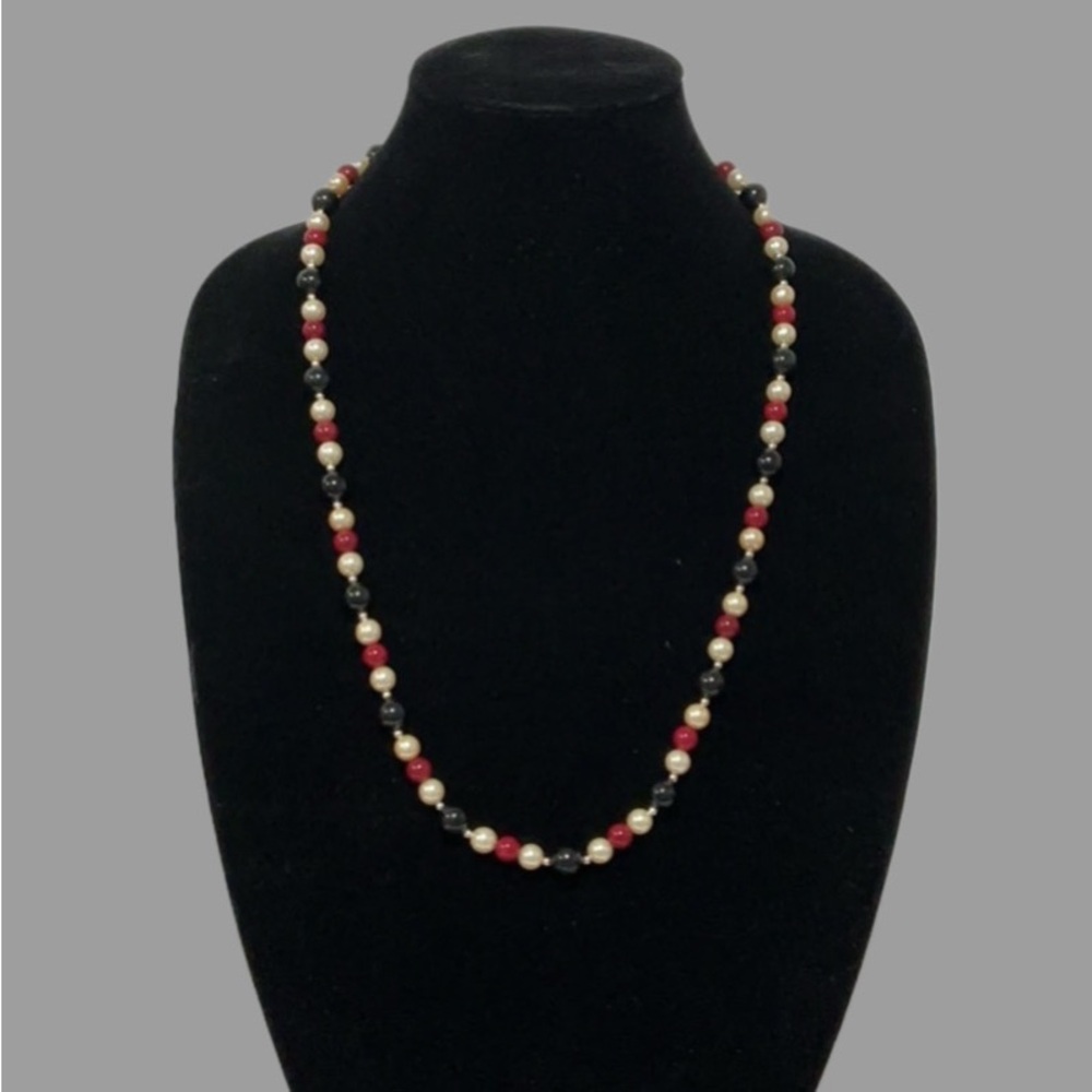 NECKLACE Vintage Red Black Cream Glass Beads Small Bead Spacers Fish Hook Clasp